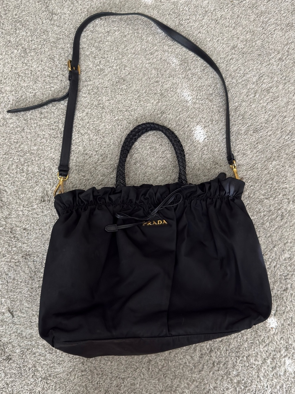 Prada Black Nylon Drawstring Tote with Braided Handles